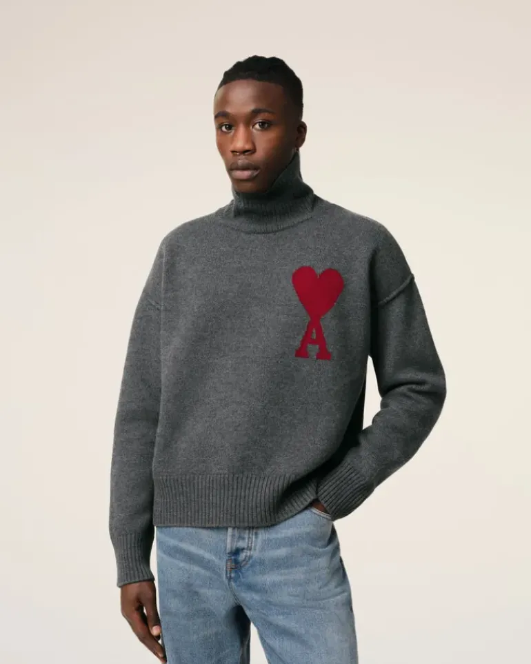 Ami Paris Grey Wool Ami de Coeur Sweater HEATHER GREY/RED Outlet