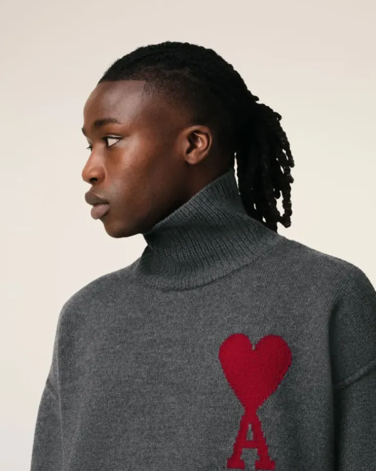 Ami Paris Grey Wool Ami de Coeur Sweater HEATHER GREY/RED Outlet