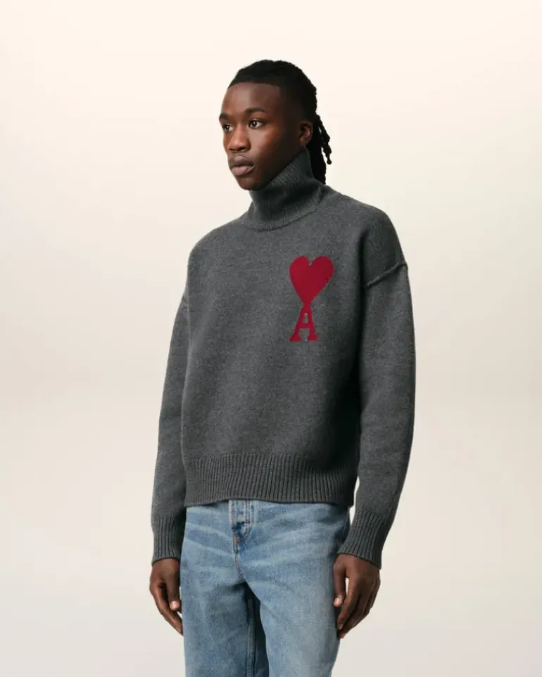 Ami Paris Grey Wool Ami de Coeur Sweater HEATHER GREY/RED Outlet