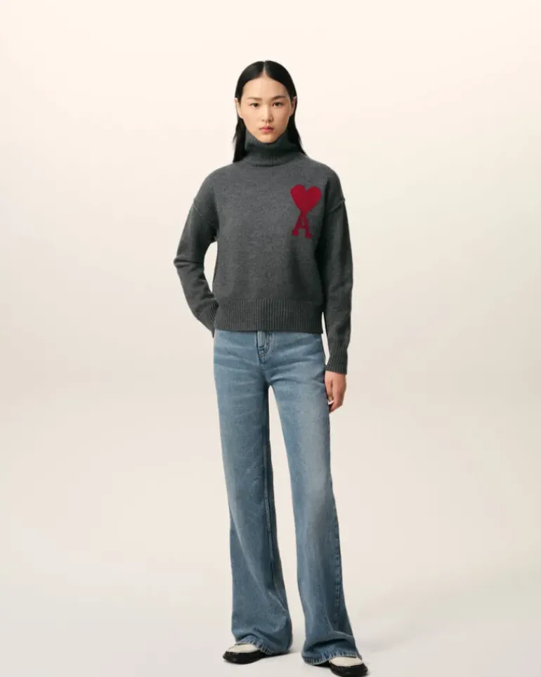 Ami Paris Grey Wool Ami de Coeur Sweater HEATHER GREY/RED Outlet