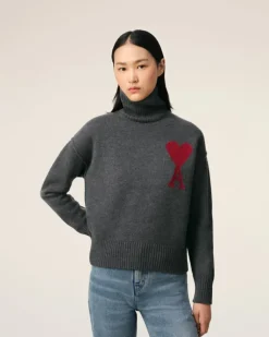 Ami Paris Grey Wool Ami de Coeur Sweater HEATHER GREY/RED Outlet
