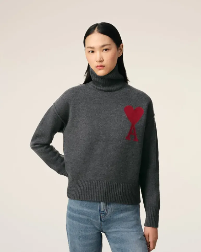 Ami Paris Grey Wool Ami de Coeur Sweater HEATHER GREY/RED Outlet