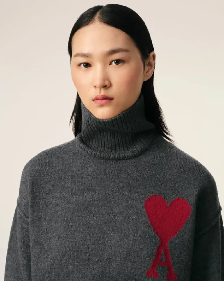 Ami Paris Grey Wool Ami de Coeur Sweater HEATHER GREY/RED Outlet