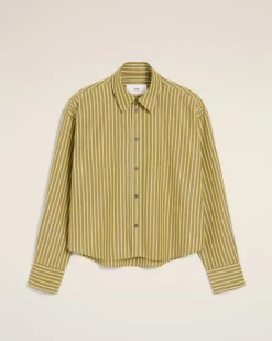 Ami Paris Khaki Cotton Cropped Oversized Shirt LICHEN/WHITE/CURRY New