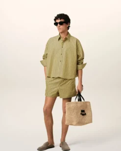 Ami Paris Khaki Cotton Cropped Oversized Shirt LICHEN/WHITE/CURRY New