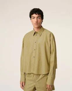 Ami Paris Khaki Cotton Cropped Oversized Shirt LICHEN/WHITE/CURRY New