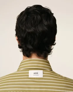 Ami Paris Khaki Cotton Cropped Oversized Shirt LICHEN/WHITE/CURRY New