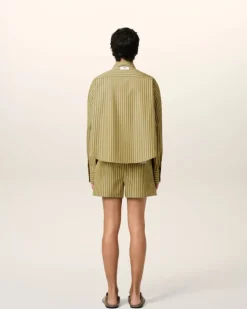 Ami Paris Khaki Cotton Cropped Oversized Shirt LICHEN/WHITE/CURRY New
