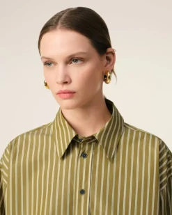 Ami Paris Khaki Cotton Cropped Oversized Shirt LICHEN/WHITE/CURRY New