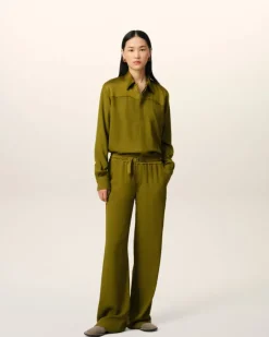 Ami Paris Khaki Flare Fit Elasticated Trousers LICHEN Clearance