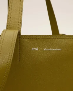 Ami Paris Khaki Leather Midi Tote Bag LICHEN Sale