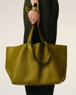 Ami Paris Khaki Leather Midi Tote Bag LICHEN Sale