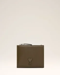 Ami Paris Leather Voulez-Vous Folded Wallet KHAKI Store