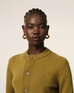Ami Paris Khaki Wool Knit Ami de Coeur Crewneck Cardigan LICHEN Sale