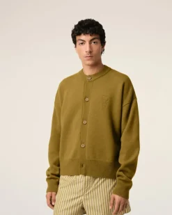 Ami Paris Khaki Wool Knit Ami de Coeur Crewneck Cardigan LICHEN Clearance