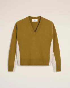 Ami Paris Khaki Wool Knit Bicolor V Neck Sweater LICHEN/MASTIC Outlet