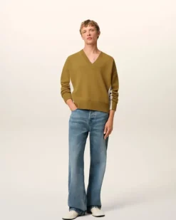 Ami Paris Khaki Wool Knit Bicolor V Neck Sweater LICHEN/MASTIC Outlet