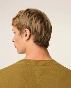 Ami Paris Khaki Wool Knit Bicolor V Neck Sweater LICHEN/MASTIC Outlet