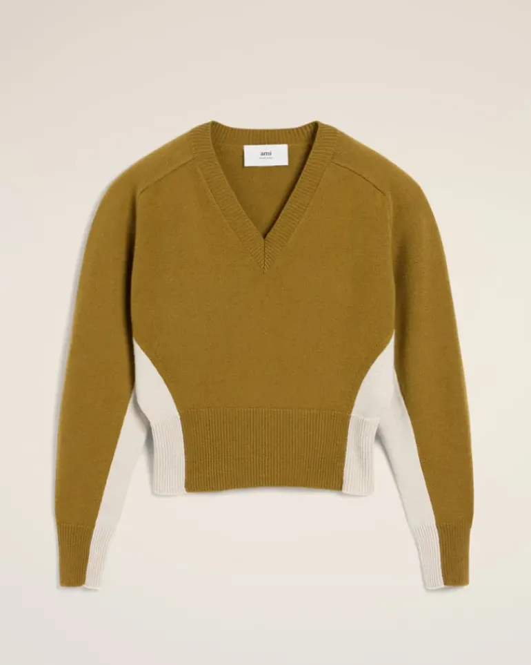Ami Paris Khaki Wool Knit Bicolor V Neck Sweater LICHEN/MASTIC Cheap