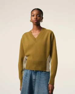 Ami Paris Khaki Wool Knit Bicolor V Neck Sweater LICHEN/MASTIC Cheap