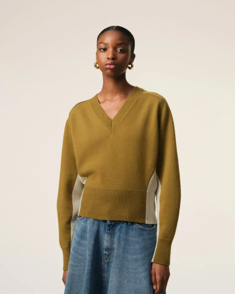 Ami Paris Khaki Wool Knit Bicolor V Neck Sweater LICHEN/MASTIC Cheap
