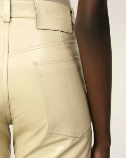 Ami Paris Leather Straight Fit Trousers LIGHT SAND Store