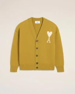 Ami Paris Mustard Wool Ami de Coeur Cardigan HAVANA/OFFWHITE Discount