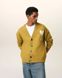 Ami Paris Mustard Wool Ami de Coeur Cardigan HAVANA/OFFWHITE Discount
