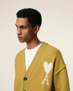 Ami Paris Mustard Wool Ami de Coeur Cardigan HAVANA/OFFWHITE Discount