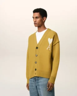Ami Paris Mustard Wool Ami de Coeur Cardigan HAVANA/OFFWHITE Discount