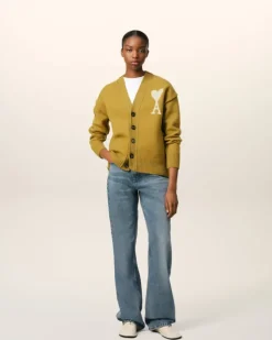 Ami Paris Mustard Wool Ami de Coeur Cardigan HAVANA/OFFWHITE Discount