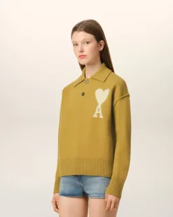 Ami Paris Mustard Wool Ami de Coeur Polo HAVANA/OFFWHITE Sale