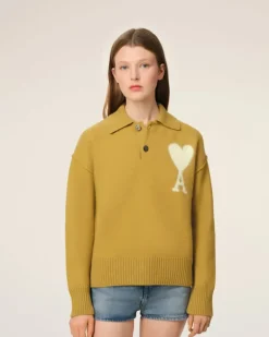 Ami Paris Mustard Wool Ami de Coeur Polo HAVANA/OFFWHITE Sale