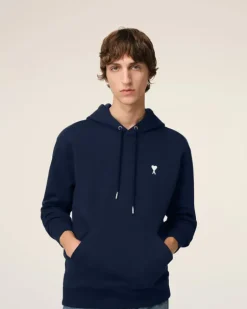 Ami Paris Navy Cotton Ami de Coeur Hoodie NIGHT BLUE Hot