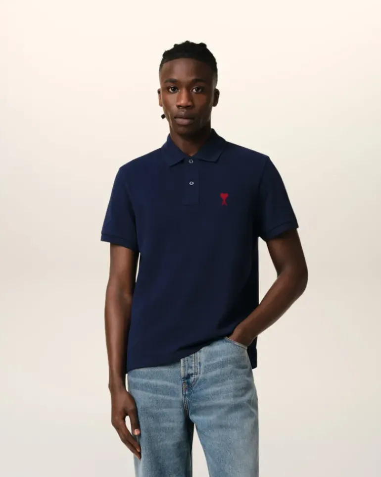 Ami Paris Navy Cotton Ami de Coeur Polo Shirt NIGHT BLUE Online