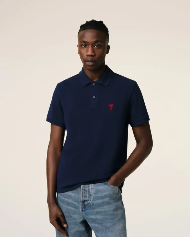 Ami Paris Navy Cotton Ami de Coeur Polo Shirt NIGHT BLUE Online