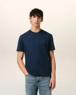 Ami Paris Navy Cotton Ami de Coeur T-Shirt NIGHT BLUE Cheap