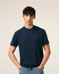 Ami Paris Navy Cotton Ami de Coeur T-Shirt NIGHT BLUE Cheap