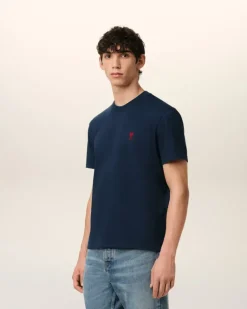 Ami Paris Navy Cotton Ami de Coeur T-Shirt NIGHT BLUE Cheap