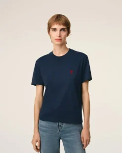 Ami Paris Navy Cotton Ami de Coeur T-Shirt NIGHT BLUE Cheap