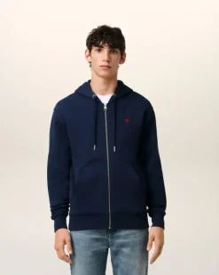 Ami Paris Navy Cotton Ami de Coeur Zipped Hoodie NIGHT BLUE Outlet
