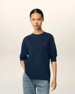 Ami Paris Navy Cotton Ami de Cœur T-Shirt NIGHT BLUE Store