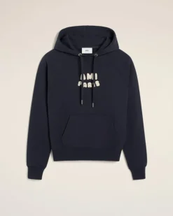 Ami Paris Navy Cotton Hoodie With Patch NAVY BLUE New