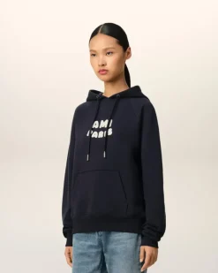 Ami Paris Navy Cotton Hoodie With Patch NAVY BLUE New