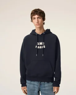 Ami Paris Navy Cotton Hoodie With Patch NAVY BLUE New