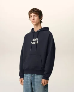 Ami Paris Navy Cotton Hoodie With Patch NAVY BLUE New