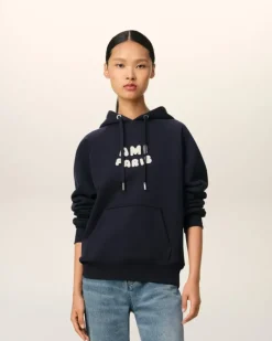 Ami Paris Navy Cotton Hoodie With Patch NAVY BLUE New