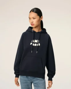 Ami Paris Navy Cotton Hoodie With Patch NAVY BLUE New