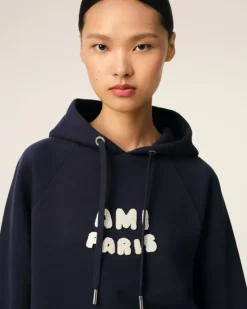Ami Paris Navy Cotton Hoodie With Patch NAVY BLUE New