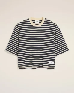 Ami Paris Navy Recycled Cotton Loose Striped T-Shirt NAVY BLUE/WHITE CREAM Best